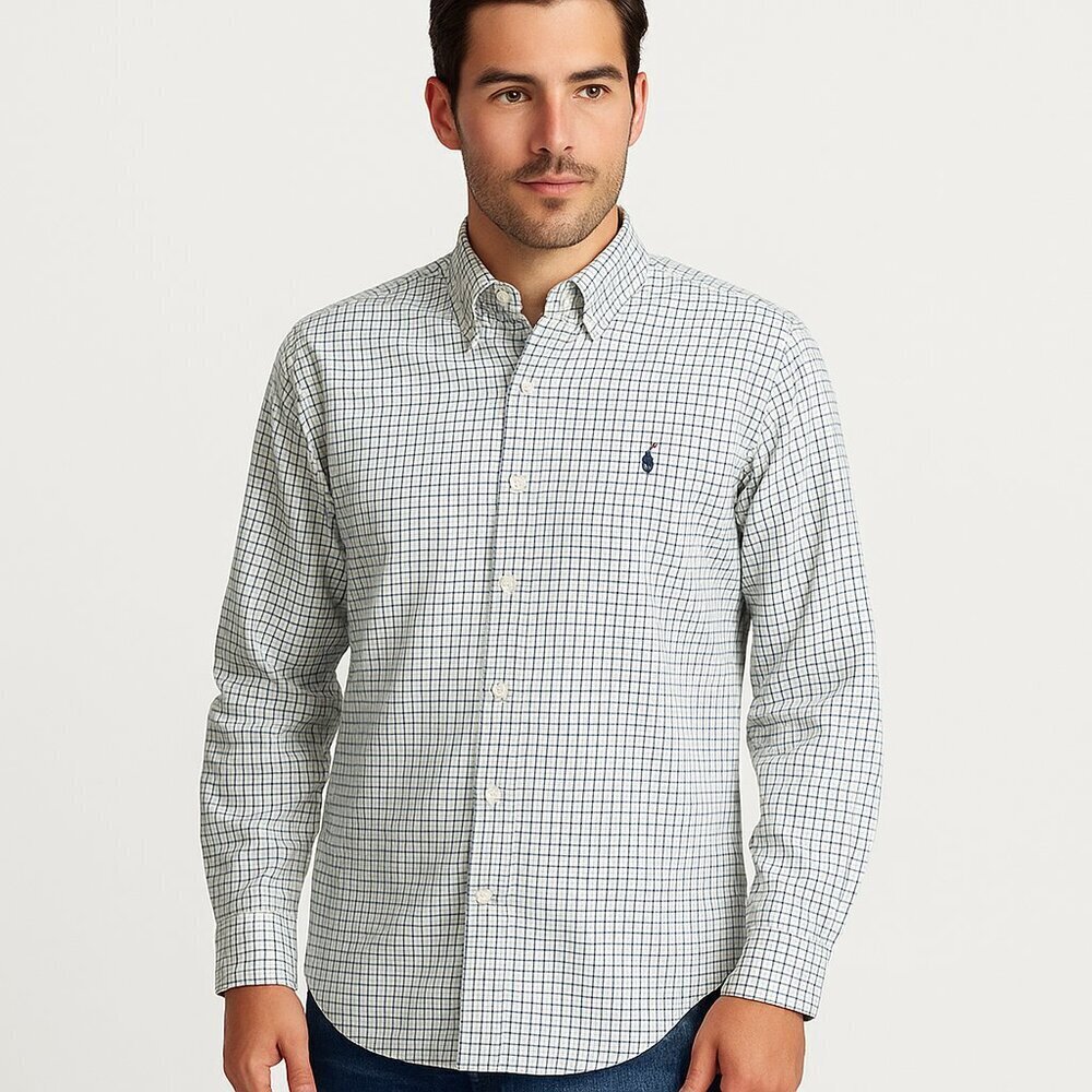 Ralph Lauren Classic Fit Cotton Check Shirt XL Navy White Logo